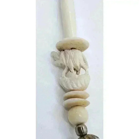 Vintage Hand Carved Elephant Necklace Bovine Bone Lucite Silver Beads Roses - Picture 3 of 11